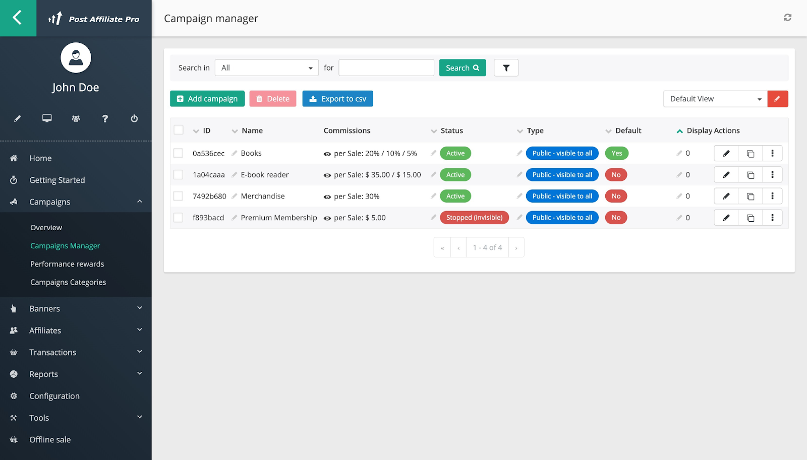 Post Affiliate Pro laat je eenvoudig je campagnes volgen en beheren met de Campaign manager-functie