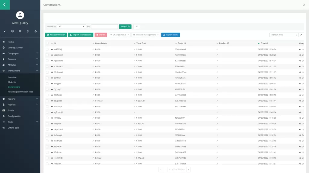 Een afbeelding van het commissiescherm in Post Affiliate Pro.
