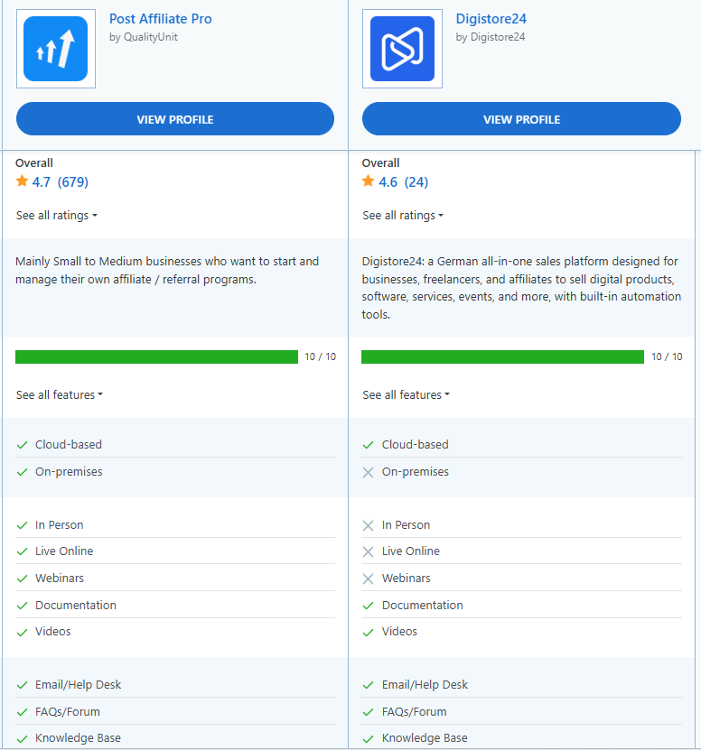 Post Affiliate Pro vs Digistore24 vergelijking van functies.