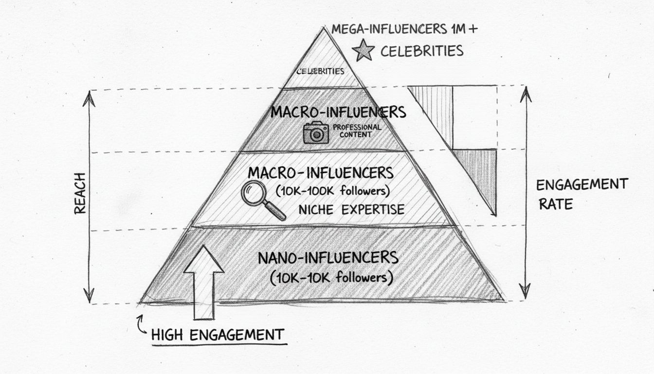 Influencer tiers pyramid showing nano, micro, macro, and mega-influencers with engagement and reach characteristics