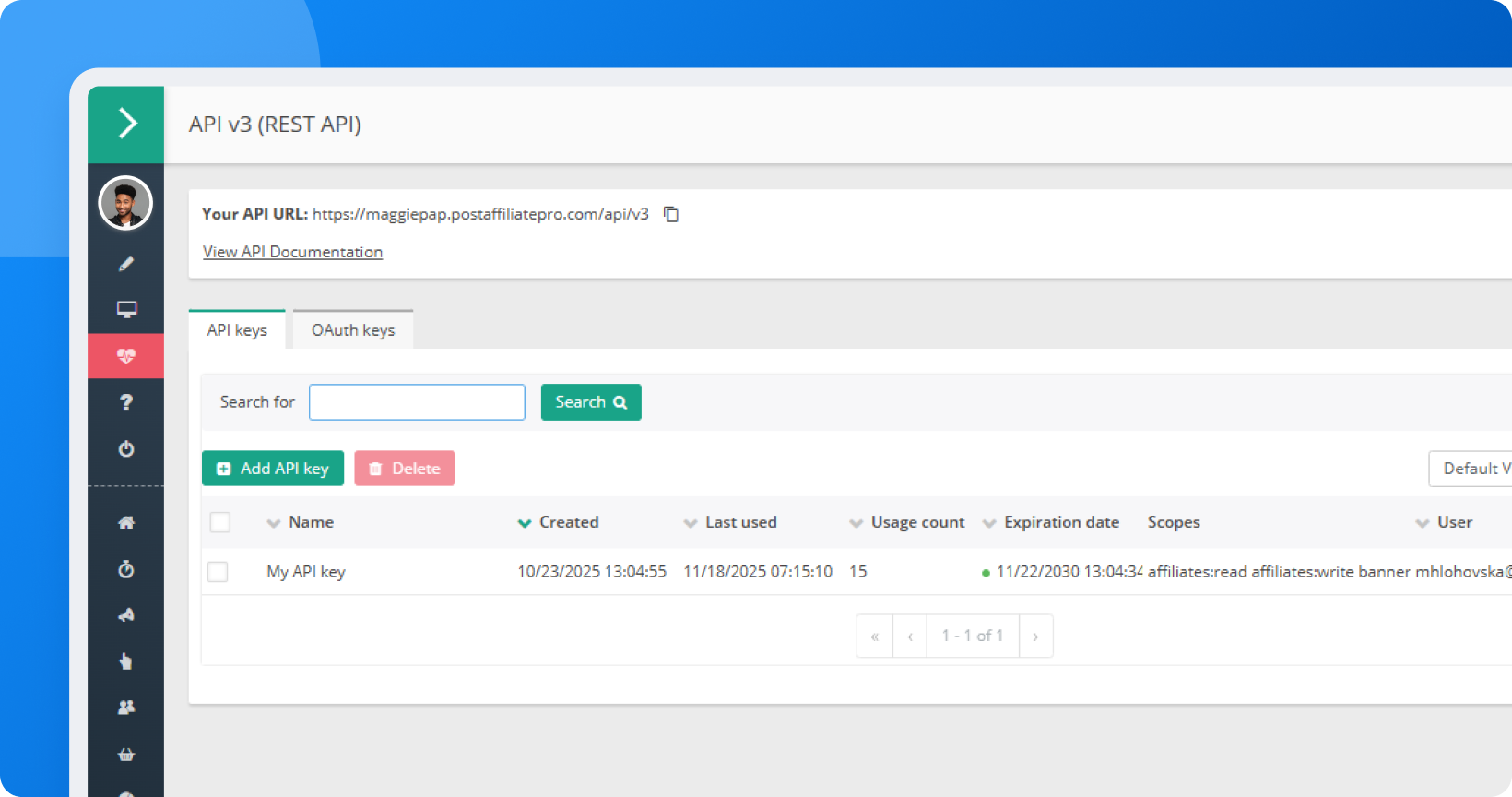 Post Affiliate Pro REST API v3 (Beta) documentatie-interface met OpenAPI 3.0-specificatie, token-gebaseerde authenticatie-setup en API-sleutelbeheer scherm met bereiken en vervaldatums