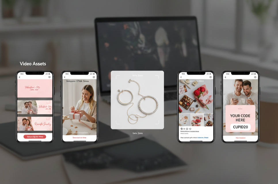 Social-first affiliate marketing assets weergegeven op mobiele apparaten met Instagram Stories, TikTok en feed post afmetingen met Valentijnsdag creatieve voorbeelden