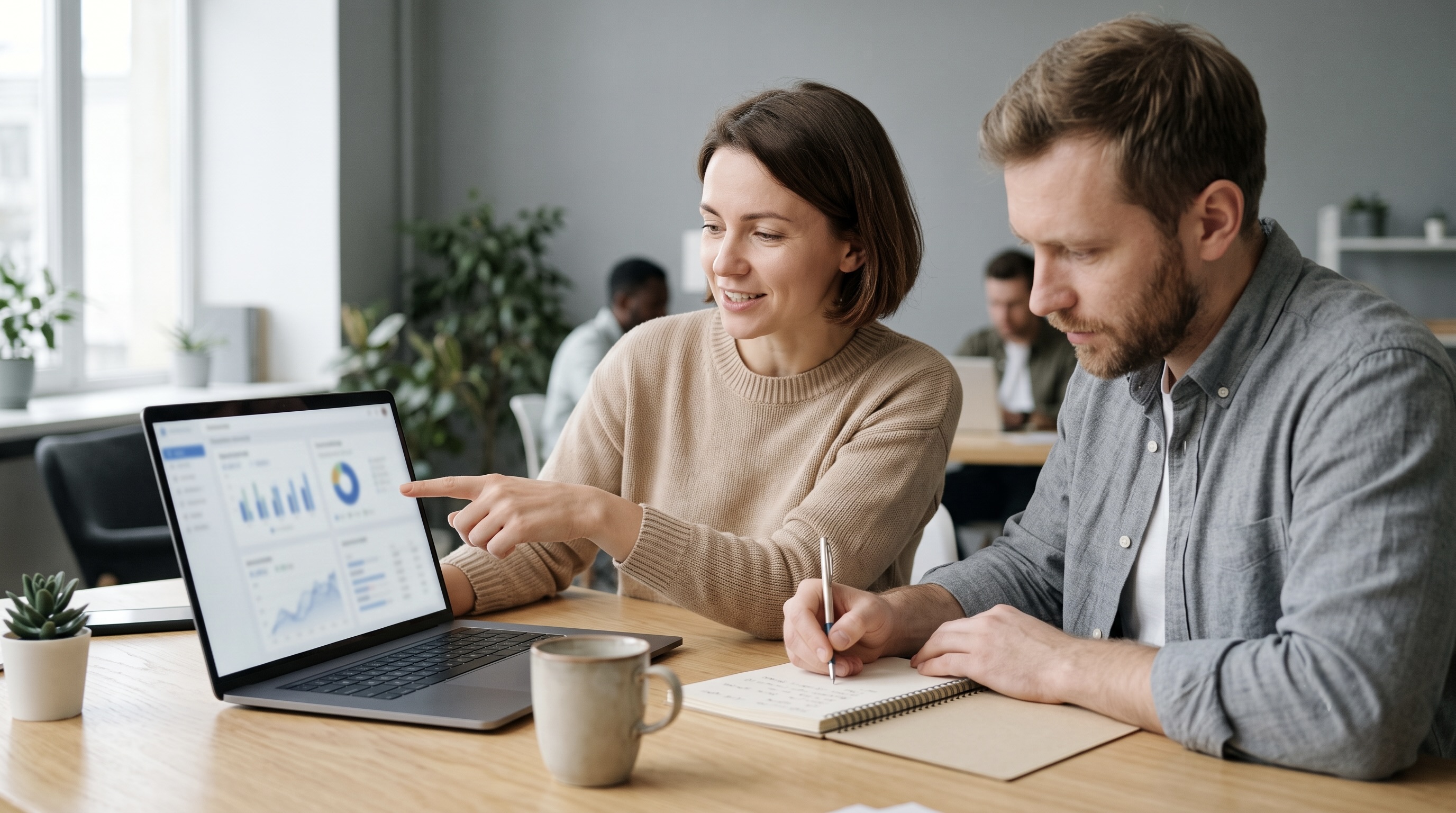 Twee marketingteamleden vergelijken affiliate tracking software-opties op een laptopdashboard