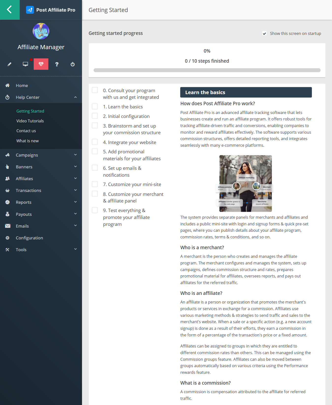 Post Affiliate Pro's new help center section in the merchant panel, showing getting started section, video tutorials and what's new in Post Affiliate Pro.