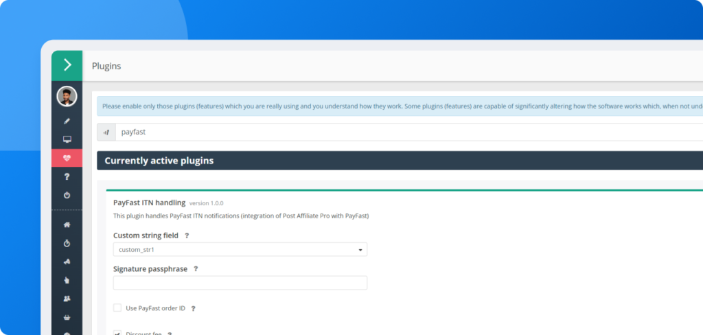 Configuratiescherm waarin het activeren en configureren van de PayFast ITN-verwerkingsplugin in Post Affiliate Pro getoond wordt