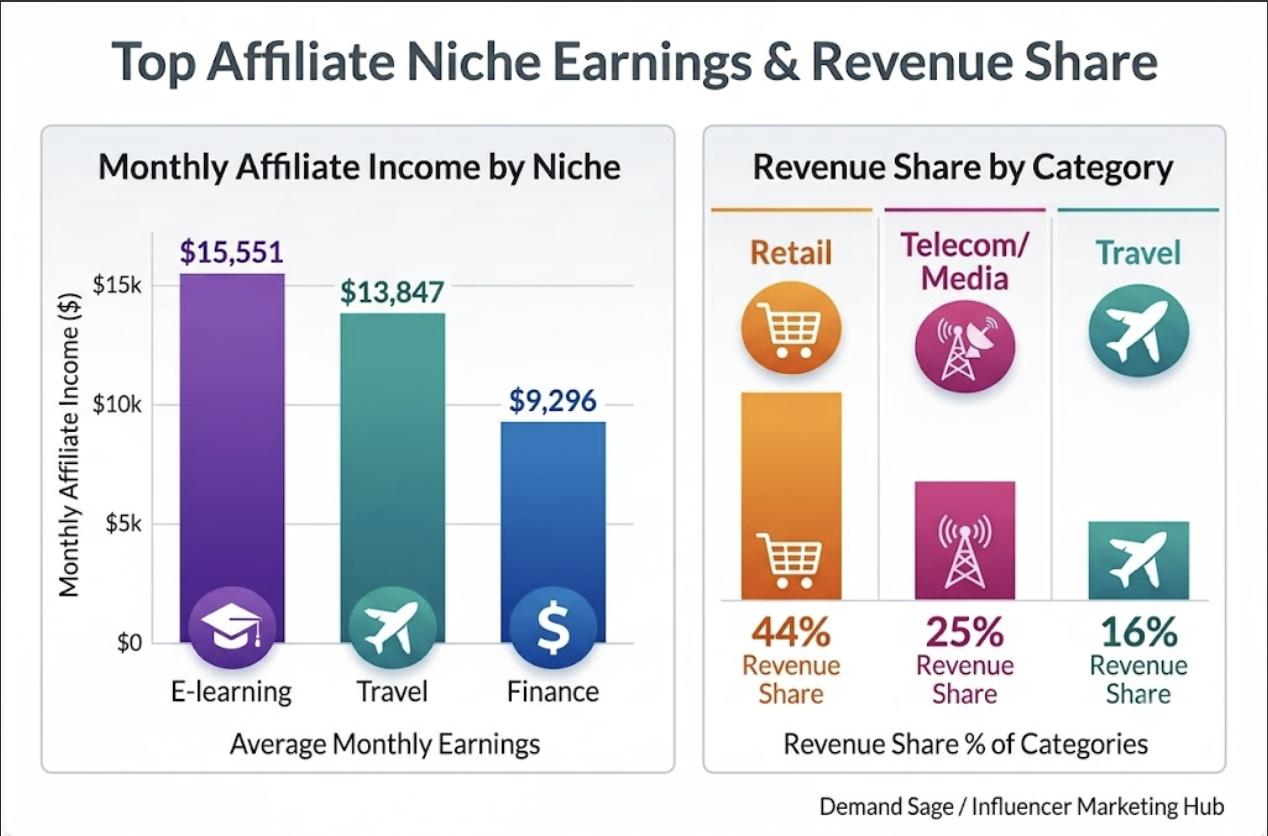 Vergelijkingsgrafiek van top affiliate marketing niches met inkomsten en commissiepercentages