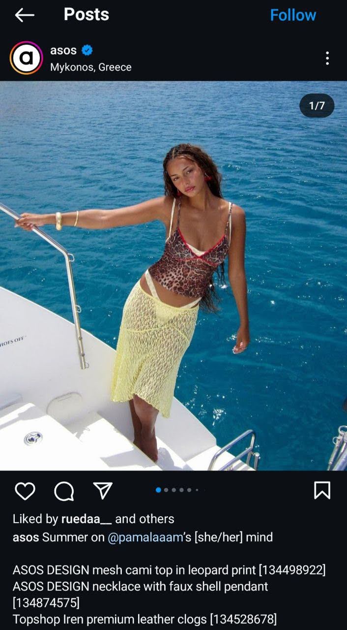 A screenshot of an Instagram post by @asos showcasing apparel with the item codes in the caption.