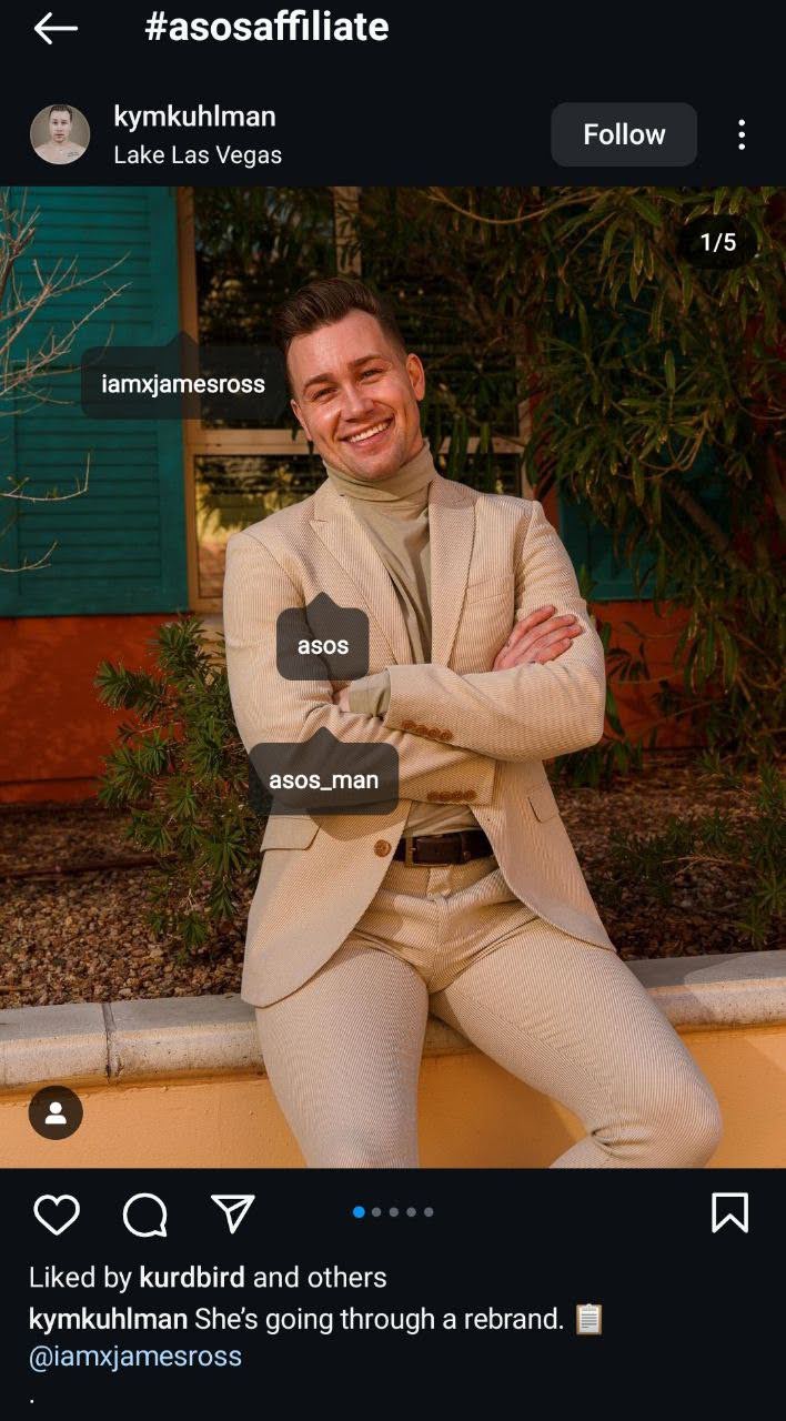 A screenshot of an Instagram post by @kymkuhlman showcasing apparel as an affiliate marketer.