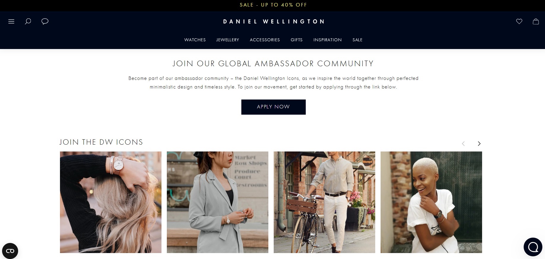 Screenshot of Daniel Wellington's ambassador page.