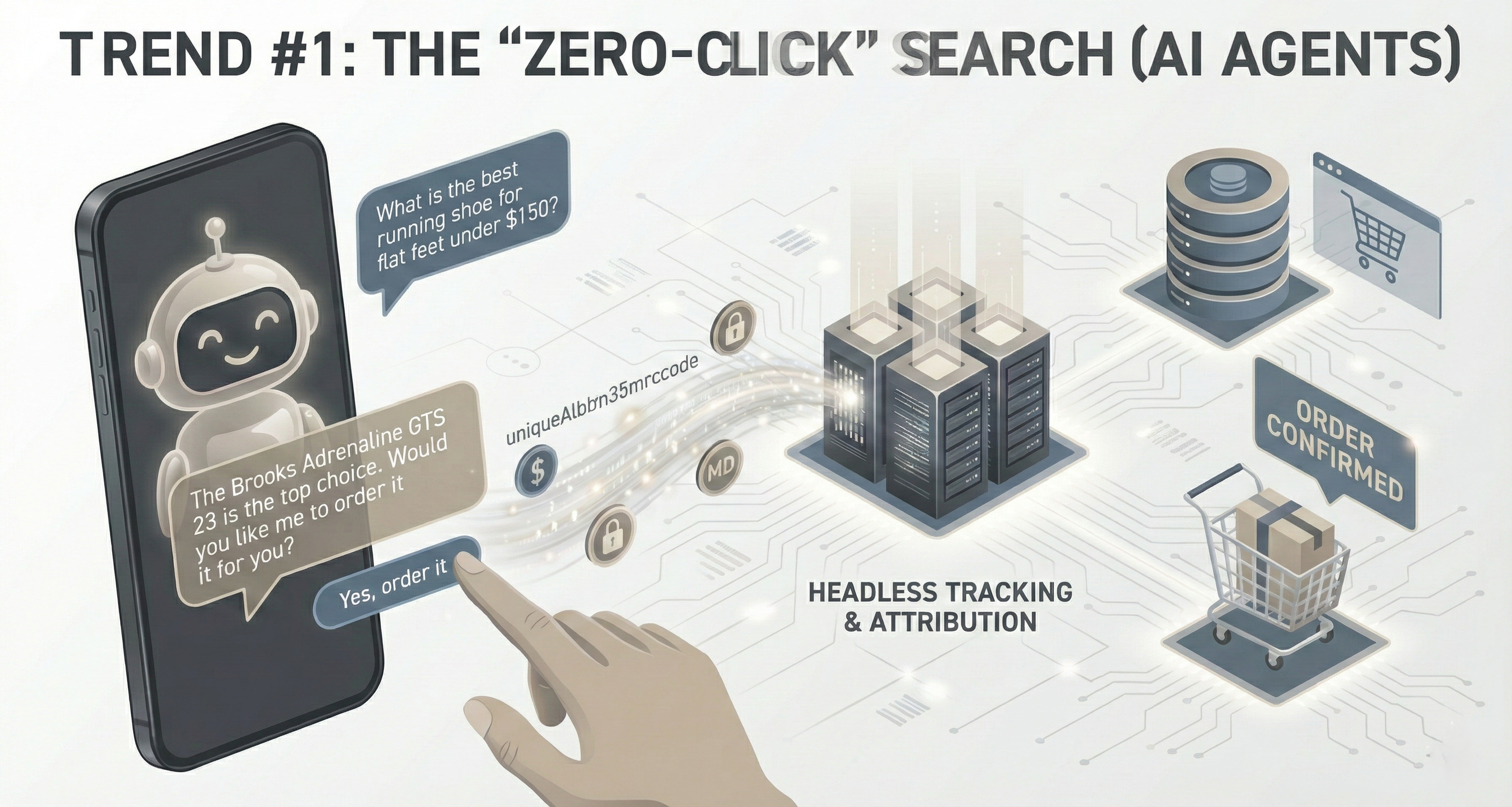 AI chatbot interface die een zero-click zoekvoorbeeld toont waarbij een AI-agent direct antwoordt op een productvraag van een gebruiker zonder dat ze door hoeven te klikken naar zoekresultaten