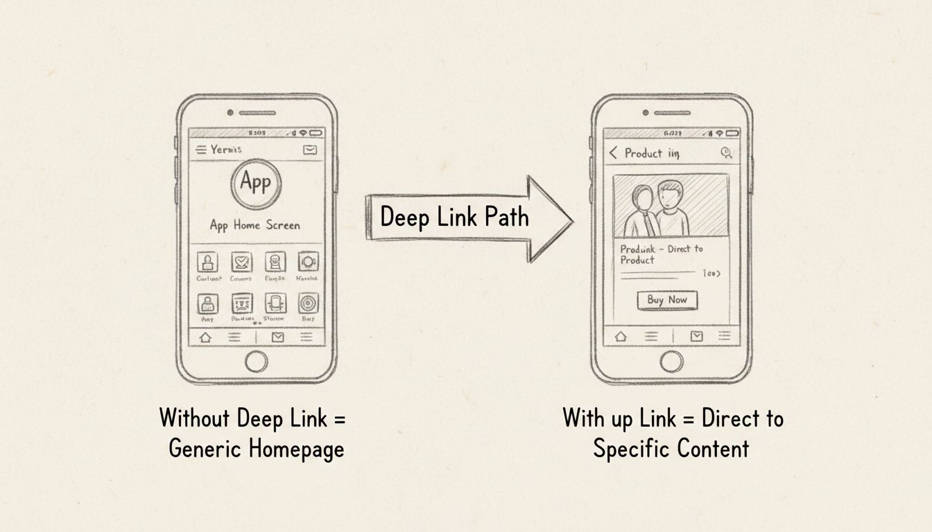 Diagram van mobile deep linking die directe navigatie naar specifieke app-content toont versus generieke startpagina
