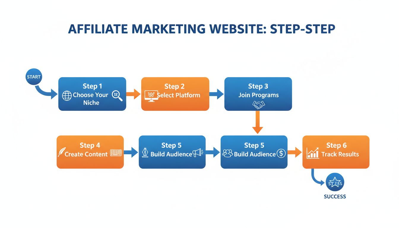Stapsgewijs schema met de 6 belangrijkste stappen om een affiliate marketing website te starten: Kies Niche, Selecteer Platform, Meld je aan bij Programma’s, Maak Content, Bouw Publiek, en Track Resultaten