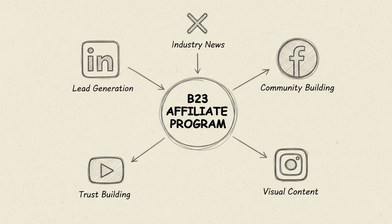 B2B affiliateprogramma socialmediastrategie-diagram met LinkedIn, Facebook, YouTube, Instagram en Twitter, verbonden met centraal affiliateprogramma