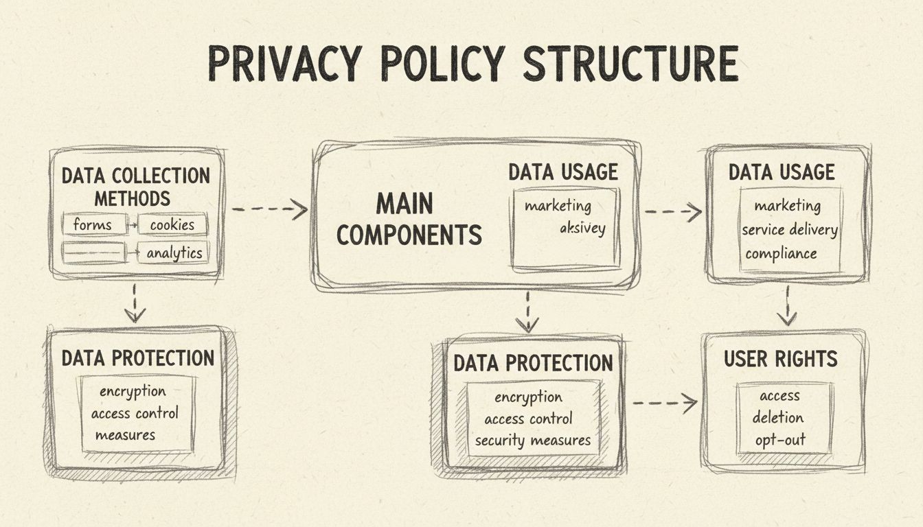 Diagram van privacybeleidstructuur met methoden voor gegevensverzameling, gebruik, bescherming en gebruikersrechten