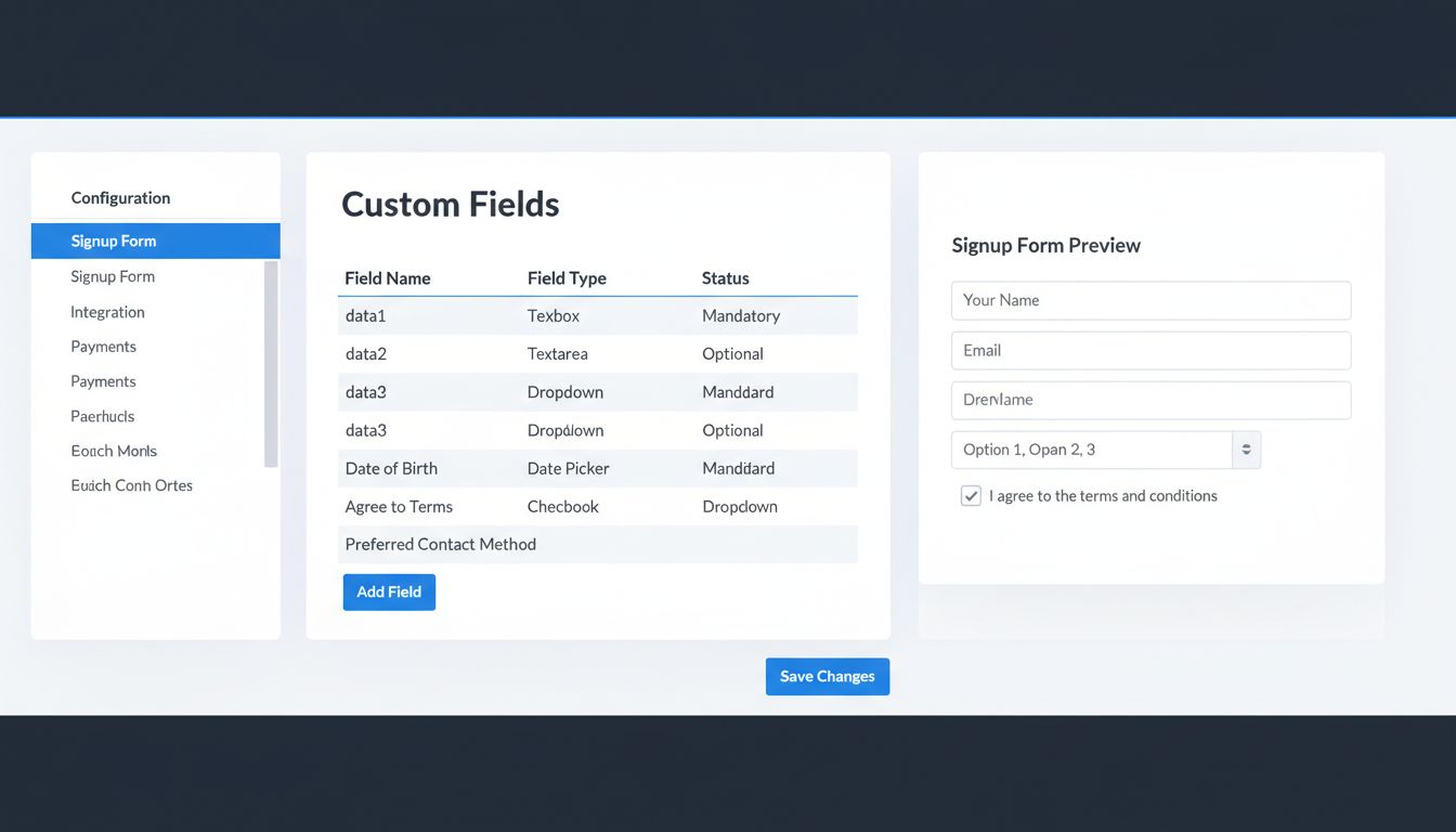 Post Affiliate Pro aanmeldformulier configuratie-interface met aangepaste velden, veldtypes en statusopties