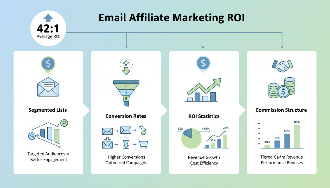 E-mail Affiliate Marketing ROI Strategie Infographic met conversiemetingen en segmentatievoordelen