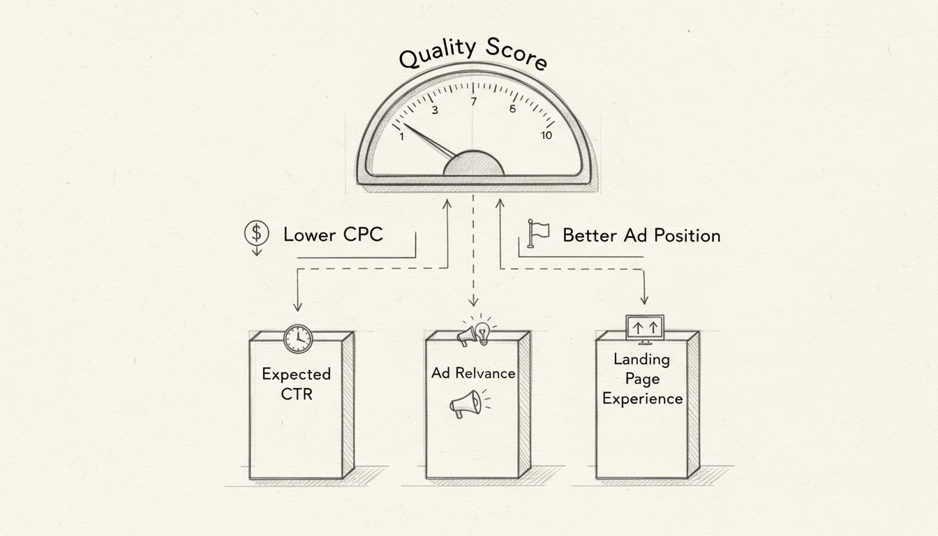 Diagram van Quality Score-componenten met Expected CTR, Ad Relevance en Landing Page Experience als pijlers die leiden naar een Quality Score-meter met de voordelen van lagere CPC en betere advertentiepositie