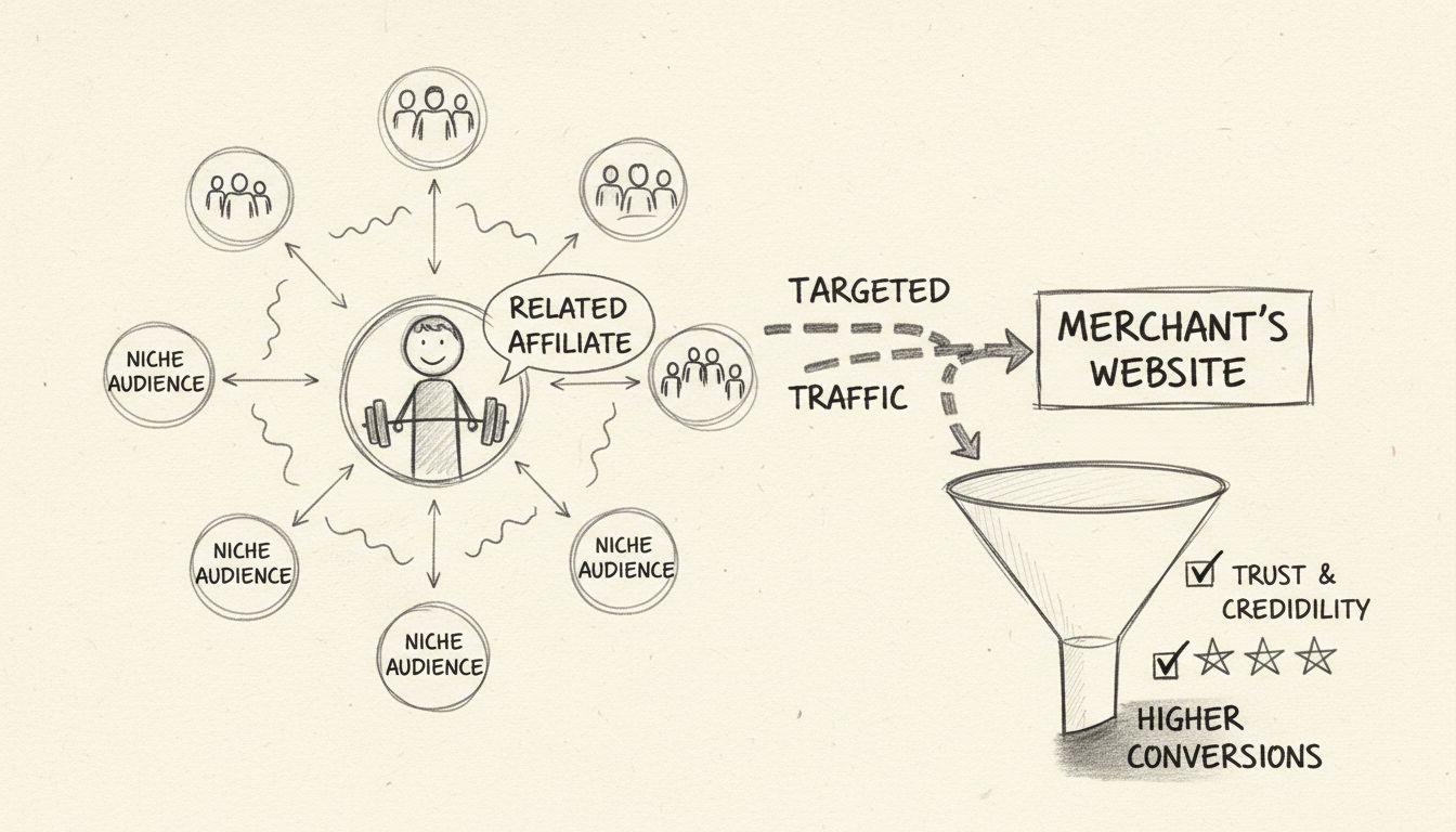Handgetekend diagram dat laat zien hoe gerelateerde affiliates gericht verkeer via niche-doelgroepen naar websites van handelaren leiden, met hogere conversieratio's en vertrouwensindicatoren
