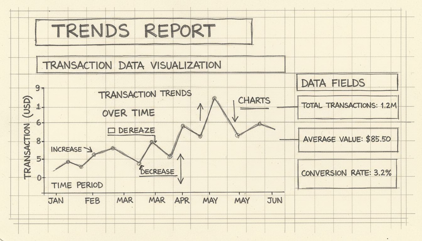 Dashboard van trendsrapport met visualisatie van transactiedata via lijngrafieken en gegevensvelden