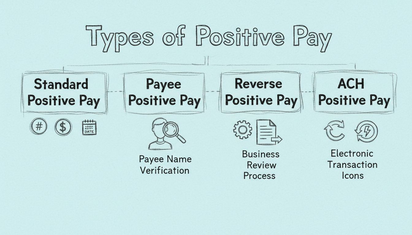Handgetekend diagram met de vier typen Positive Pay-systemen met vakken voor Standaard, Payee, Reverse en ACH Positive Pay