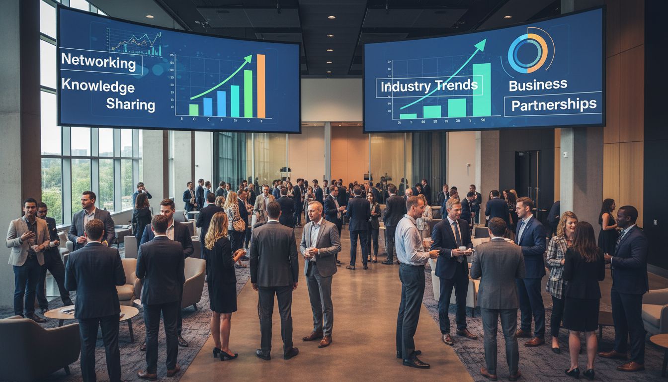 Professioneel marketingcongres met netwerkende professionals die strategieën en branchetrends bespreken