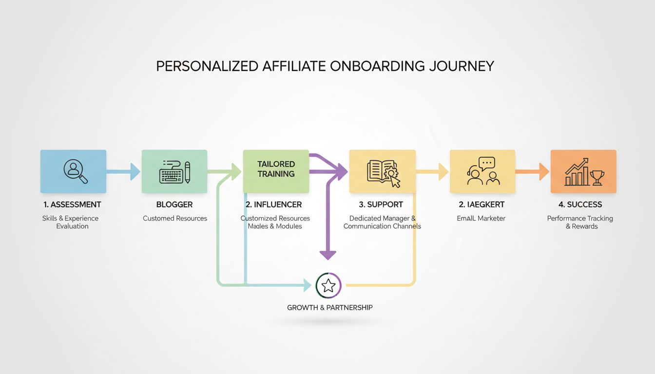 Diagram van gepersonaliseerde affiliate onboarding met beoordeling, gerichte training, ondersteuning en succesfasen voor verschillende affiliatetypes