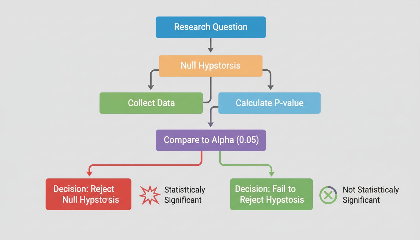Hypothesetoetsing workflow van onderzoeksvraag via dataverzameling tot eindbeslissing over statistische significantie