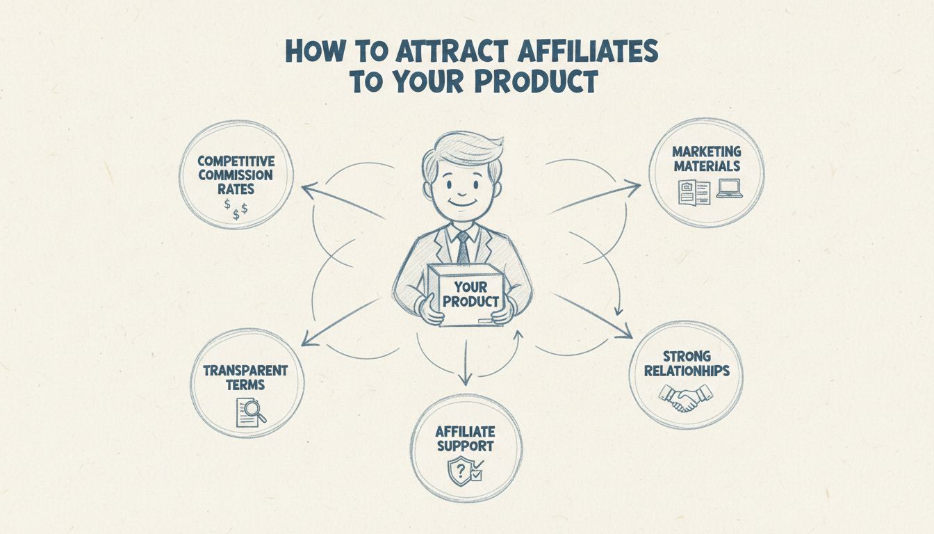 Handgetekend diagram dat een strategie voor affiliate-werving toont, met een ondernemer verbonden met meerdere affiliate-partners en labels voor commissietarieven, marketingmateriaal, transparante voorwaarden, relaties en ondersteuning