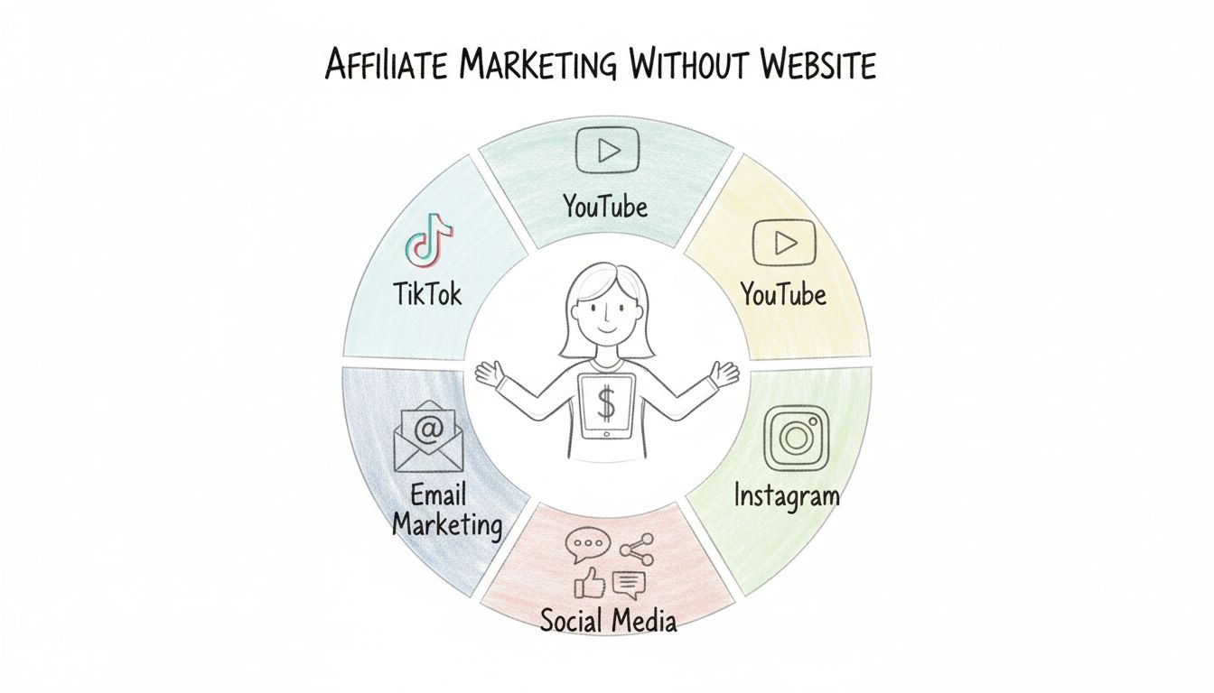 Affiliate marketing kanalen zonder website, waaronder TikTok, YouTube, Instagram, E-mailmarketing