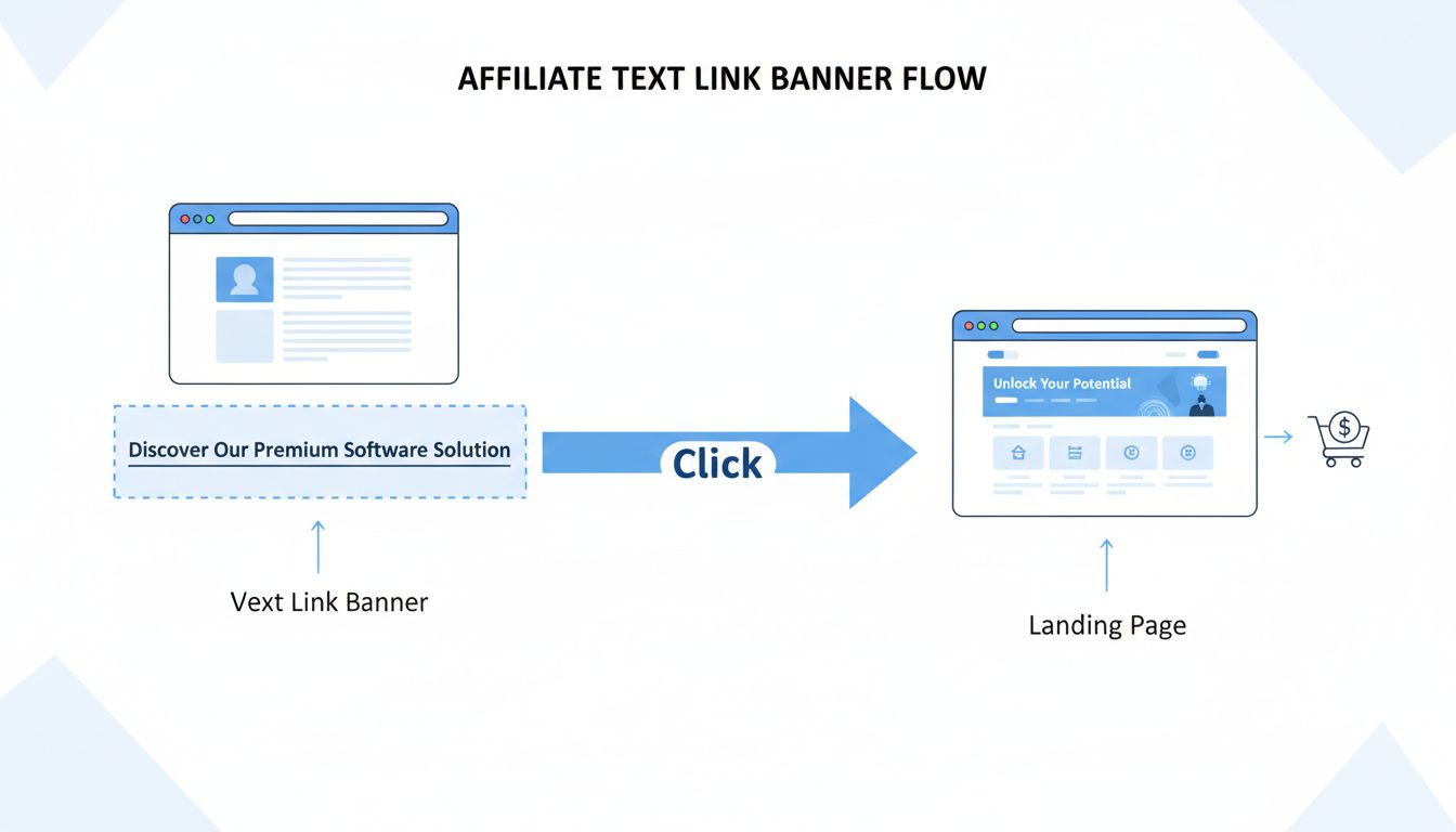 Text link banner workflow diagram showing how text links redirect users to landing pages in affiliate marketing