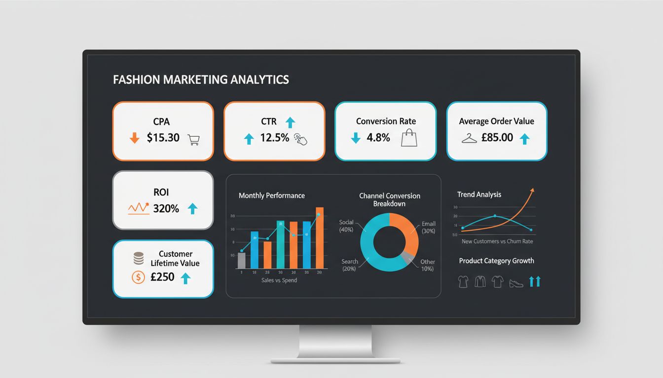 Fashion Marketing KPI Dashboard met CPA, CTR, Conversieratio, ROI, CLV en AOV statistieken met analysegrafieken