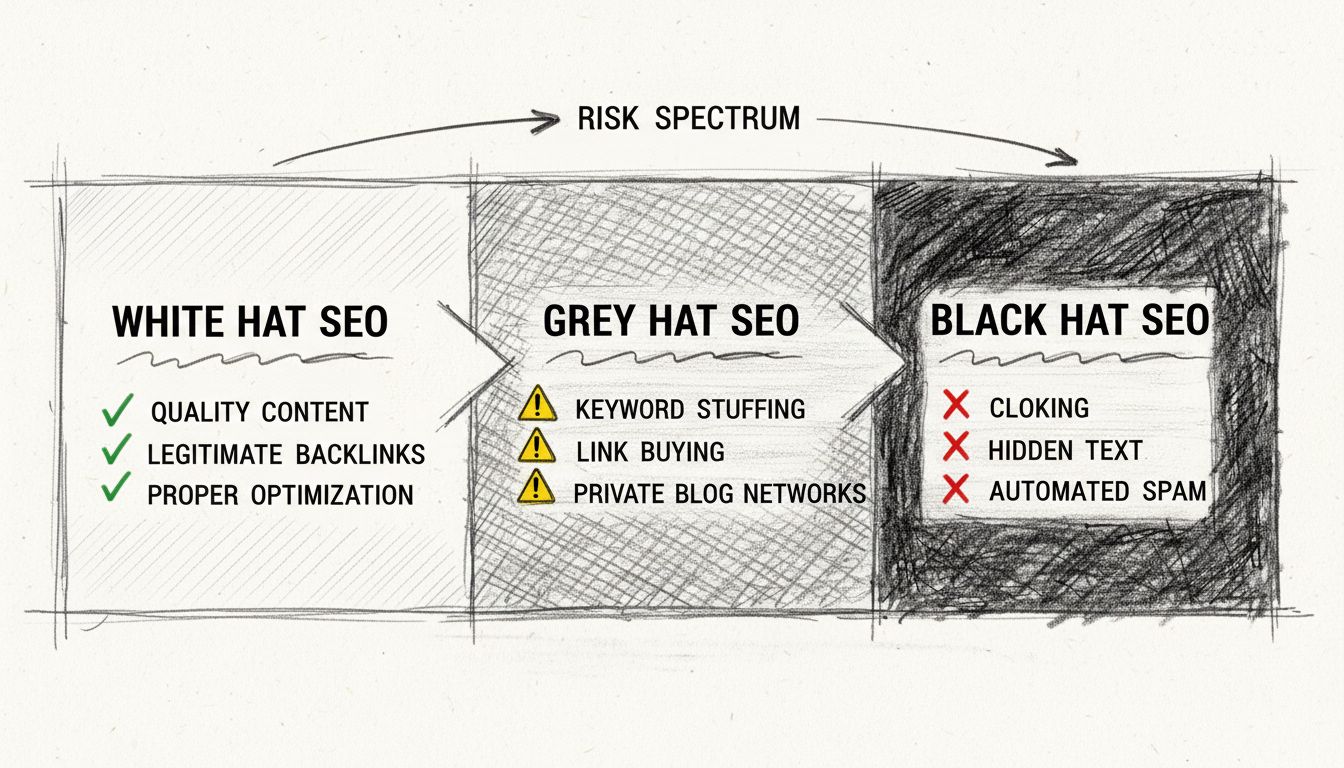 SEO-technieken spectrum met white hat, grey hat en black hat benaderingen en visuele indicatoren