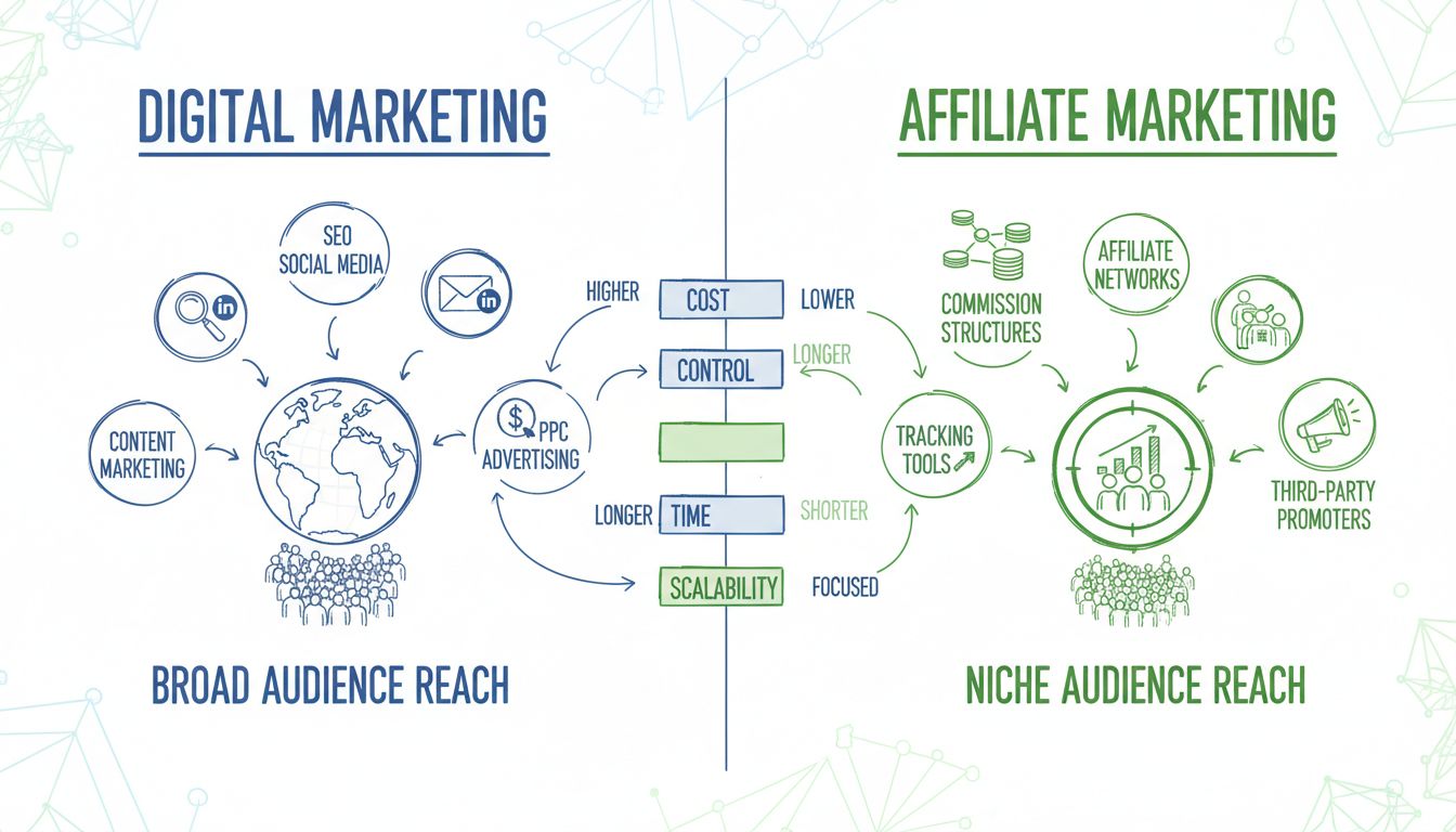 Infographic die digitale marketing versus affiliate marketingstrategieën vergelijkt met pictogrammen voor kanalen, statistieken en bereik