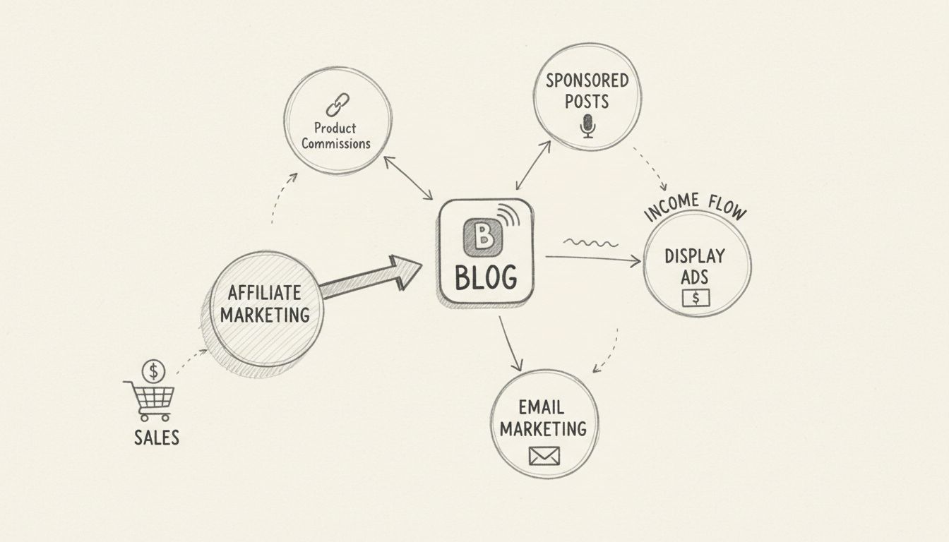 Diagram van blog monetisatie methoden met affiliate links, gesponsorde posts, display advertenties en e-mailmarketing inkomstenstromen