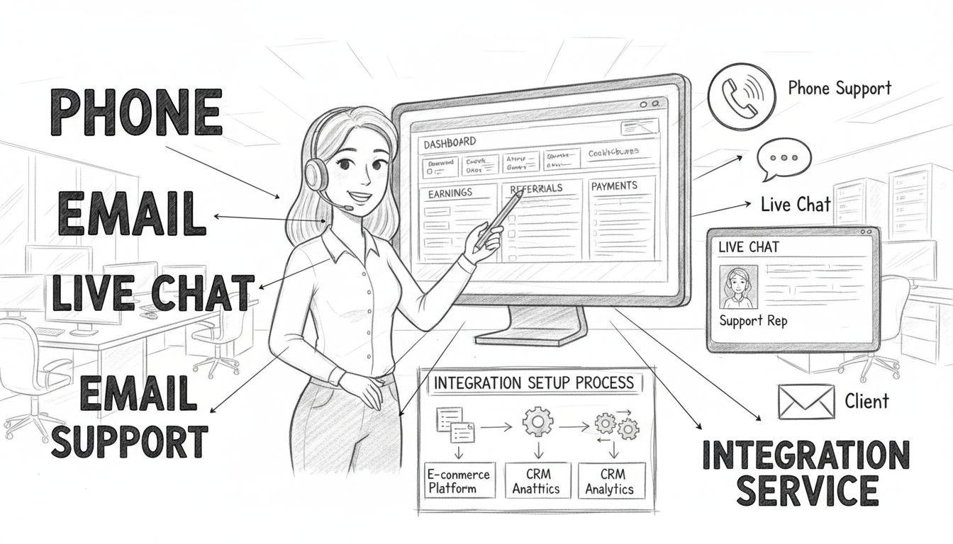 Klantenserviceteam biedt installatie-ondersteuning met geïllustreerde kanalen voor telefoon, e-mail, live chat en integratiediensten