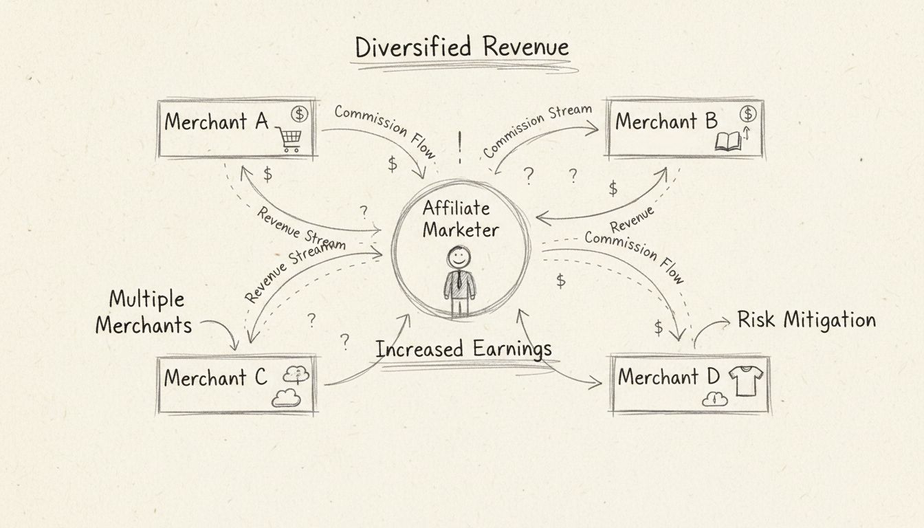 Handgetekend diagram met affiliate marketeer verbonden met meerdere handelaren, met gediversifieerde inkomstenstromen en commissiebewegingen