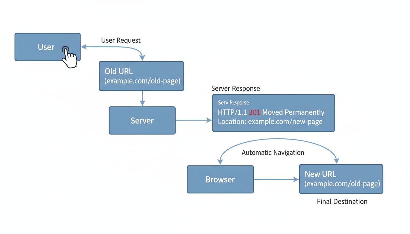 Technisch diagram dat HTTP-omleidingsstroom toont van gebruikersverzoek via serverreactie tot uiteindelijke bestemming