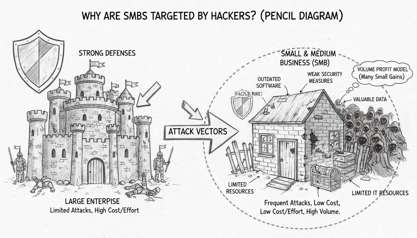 Handgetekend diagram dat laat zien waarom MKB’s doelwit zijn voor hackers, met vergelijking tussen een enterprise fort en zwakke MKB-verdediging, inclusief elementen als beperkte IT-middelen, verouderde software, zwakke beveiligingsmaatregelen, waardevolle data, makkelijke toegangspunten en winstmodel op volume