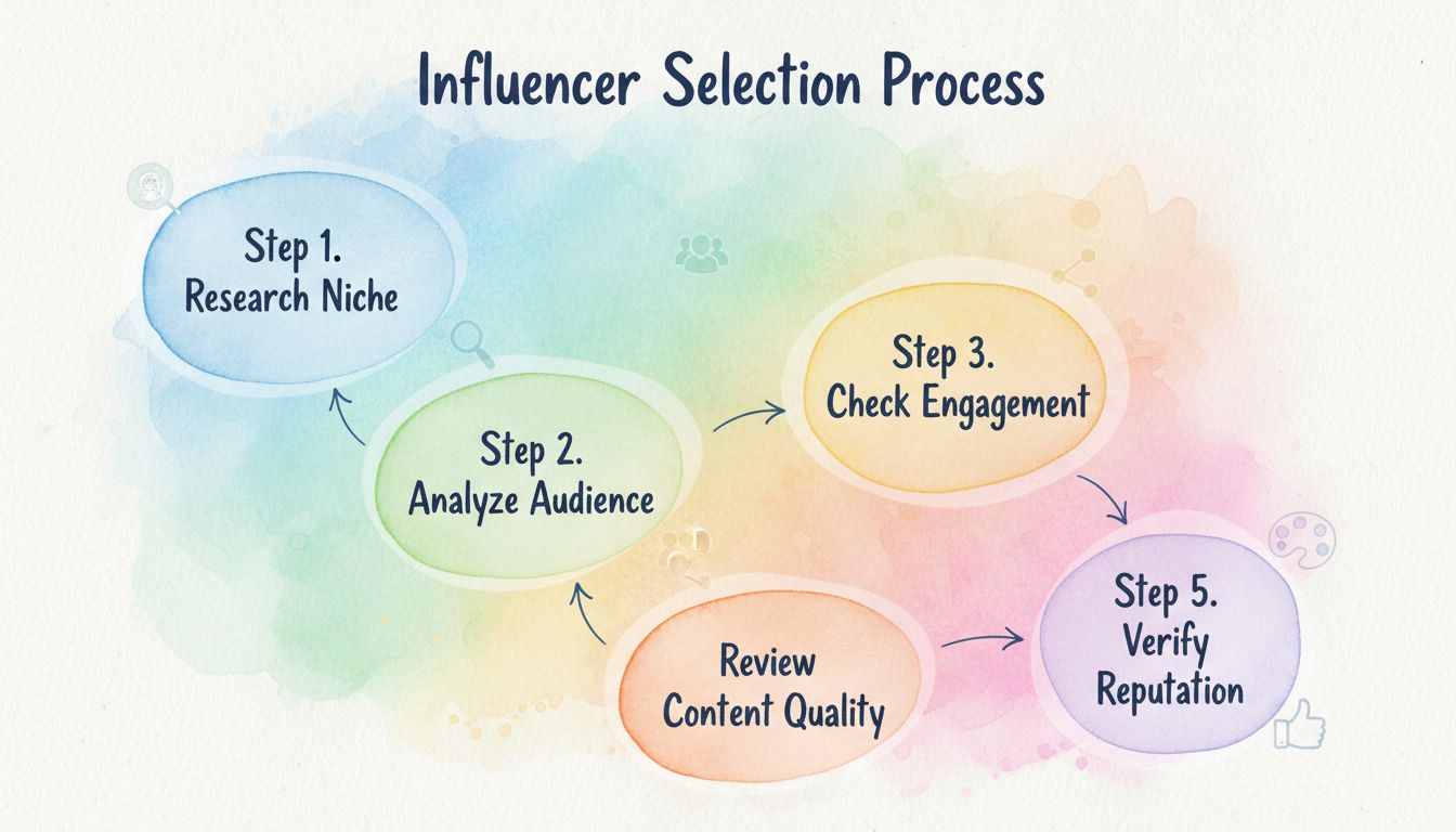 Flowchart selectieproces influencers met vijf stappen: onderzoek niche, analyseer publiek, controleer engagement, beoordeel contentkwaliteit en verifieer reputatie
