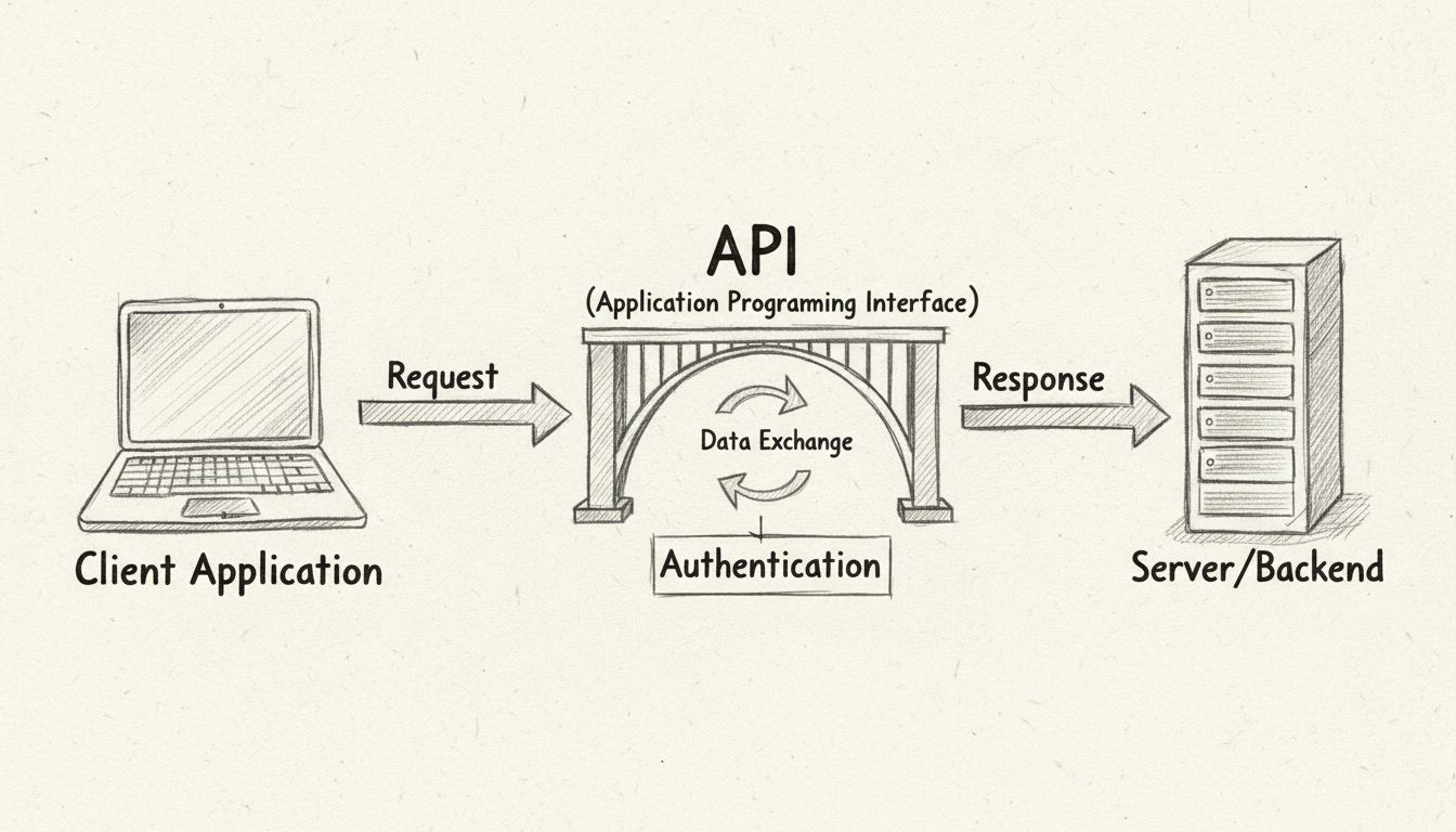 Handgetekend diagram met de API-communicatiestroom tussen clientapplicatie, API-brug en server met pijlen voor verzoek en antwoord