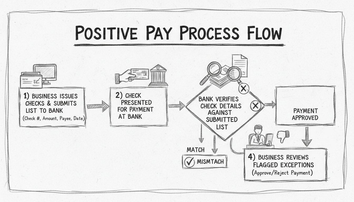 Diagram van het Positive Pay-proces met vier stappen: cheque-uitgifte, indienen bij de bank, verificatie en zakelijke controle