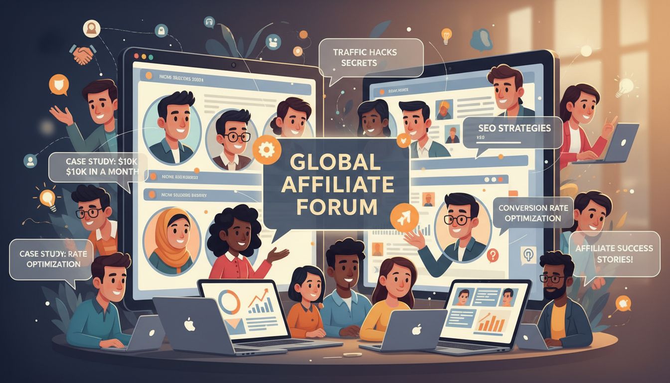 Diverse affiliate marketeers die samenwerken in een online forumcommunity, strategieën bespreken en casestudy's delen