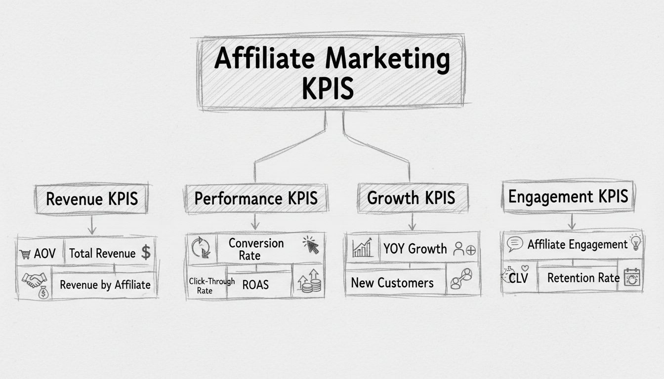 Affiliate Marketing KPI's Hiërarchiediagram met omzet-, prestatie-, groeien engagement-KPI's