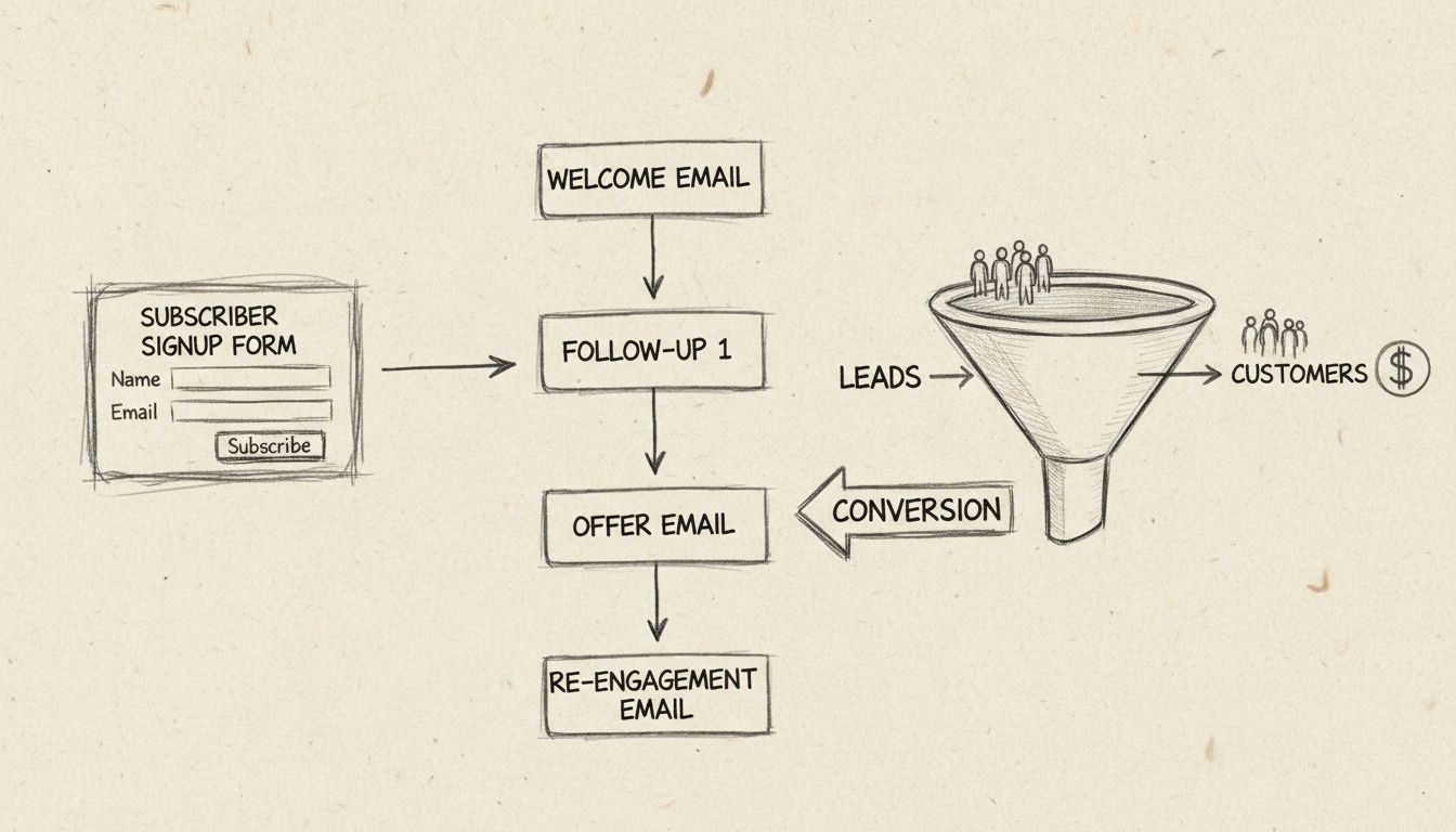Diagram van e-mail autoresponder workflow met aanmelding, geautomatiseerde e-mailreeks en conversietrechter