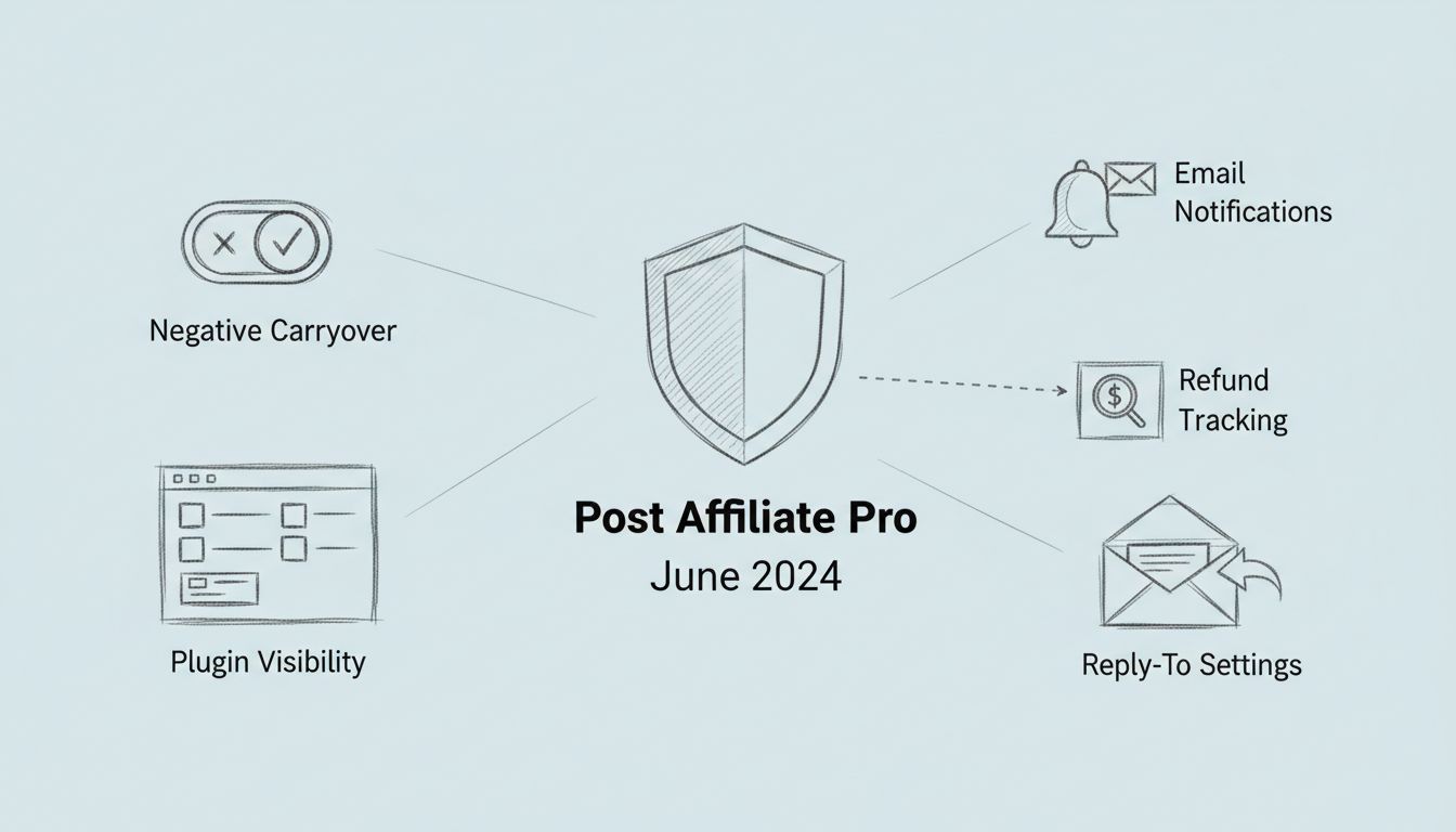 Diagram van Post Affiliate Pro juni 2024 functies met negatieve overname, plug-in zichtbaarheid, e-mailmeldingen, terugbetalingsregistratie en reply-to instellingen