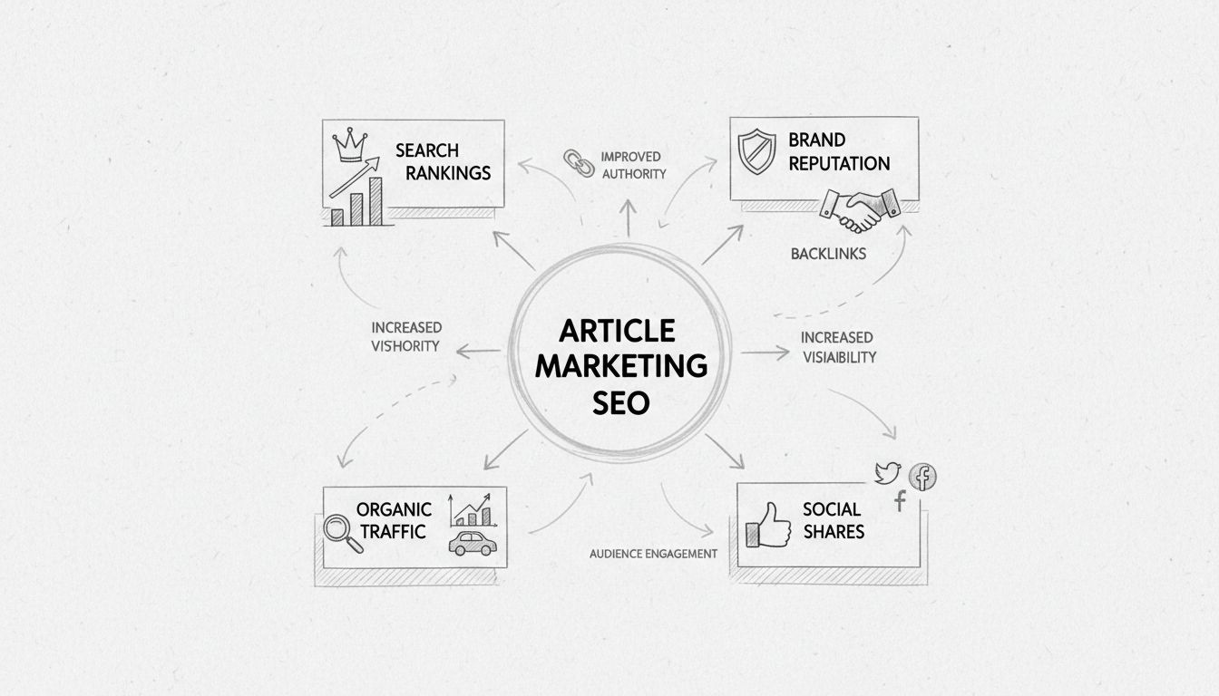 Handgetekend diagram dat een artikelmarketing-SEO-strategie toont met een centraal knooppunt dat verbinding maakt met backlinks, merkreputatie, sociale deelacties, organisch verkeer en zoekresultaten