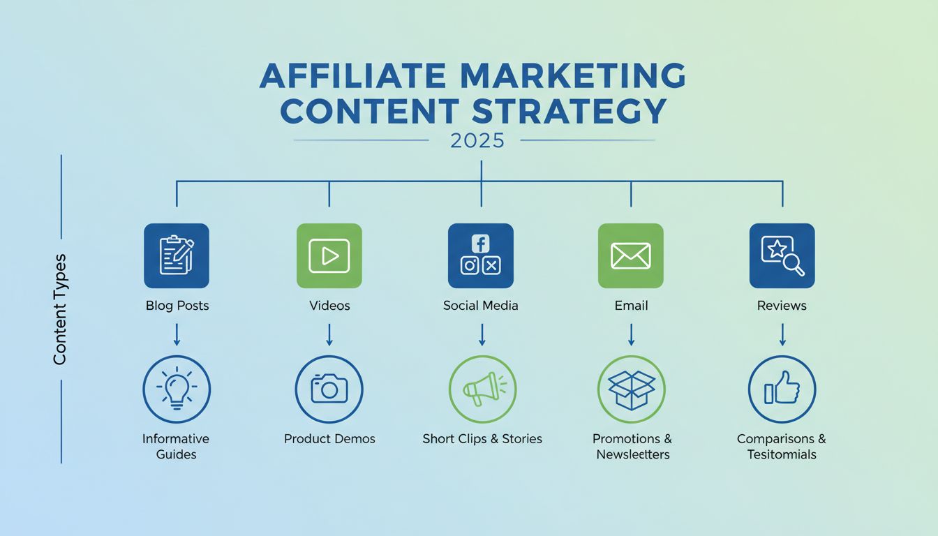 Affiliate marketing contenttypes strategie infographic met blogposts, video’s, sociale media, e-mailmarketing en productreviews
