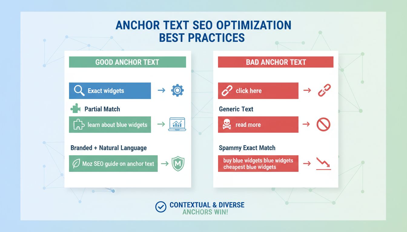 Vergelijking van best practices voor anchor-tekst optimalisatie met goede vs slechte voorbeelden en visuele infographic