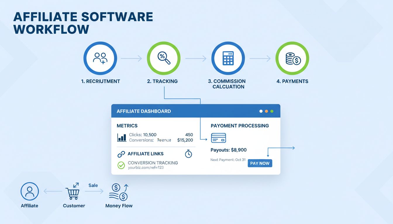Workflow van affiliate software met werving, tracking, commissieberekening en uitbetalingen