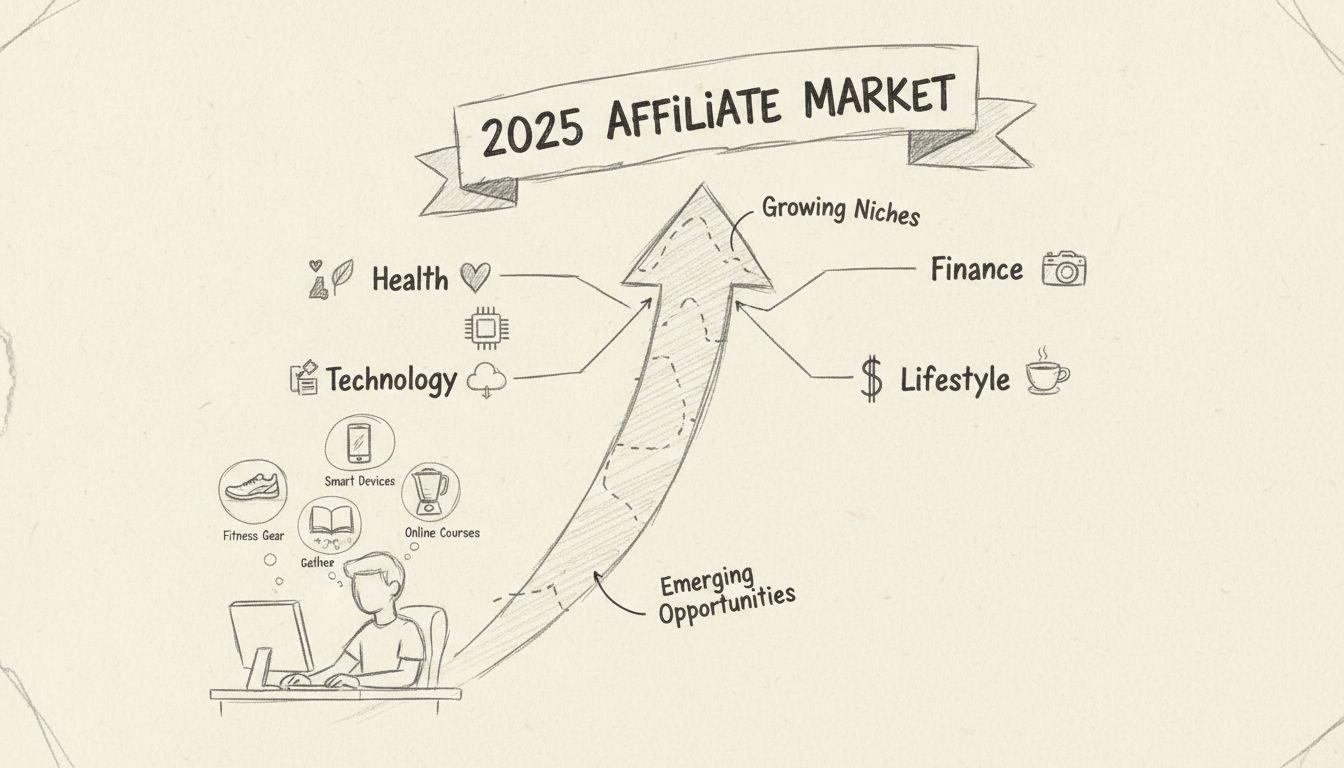 Handgetekend diagram dat groeikansen voor affiliate marketing toont met een opwaarts gerichte pijl en meerdere nichecategorieën die zich vertakken
